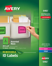 Load image into Gallery viewer, Avery® Removable Labels, Removable Adhesive, Assorted Neon Colors, 3-1/3&quot; x 4&quot;, 72 Labels (6482)