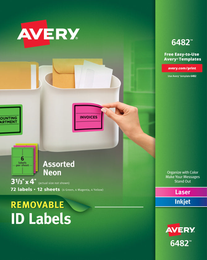 Avery® Removable Labels, Removable Adhesive, Assorted Neon Colors, 3-1/3