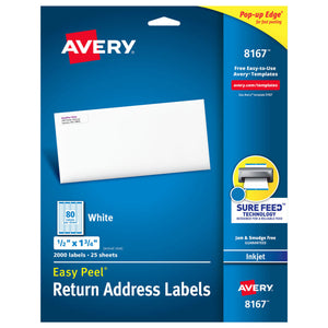 Avery® Easy Peel® Return Address Labels, Sure Feed™ Technology, Permanent Adhesive, 1/2" x 1-3/4", 2,000 Labels (8167)