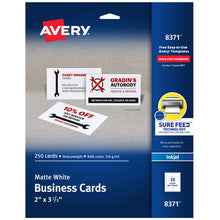 Load image into Gallery viewer, Avery® Printable Business Cards with Sure Feed™, 2&quot; x 3.5&quot;, White, 250 Blank Cards for Inkjet Printers (8371)