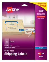 Load image into Gallery viewer, Avery® Shipping Labels, Permanent Adhesive, Clear, 8-1/2&quot; x 11&quot;, 25 Labels (8665)