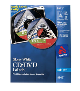 Avery® CD Labels, True Print® Permanent Adhesive, Glossy, 20 Disc Labels and 40 Spine Labels (8942)