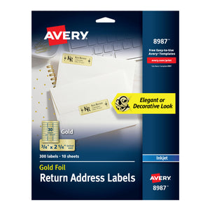 Avery® Foil Mailing Labels, Gold, 3/4" x 2-1/4", 300 Labels (8987)