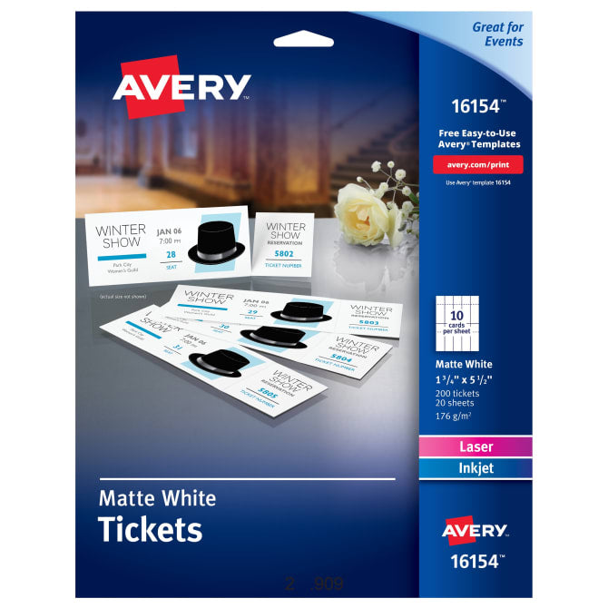 Avery® Tickets with Tear-Away Stubs, Matte, Two-Sided Printing,1-3/4