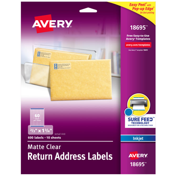 Avery® Matte Clear Return Address Labels, Sure Feed™ Technology, Inkjet, 2/3