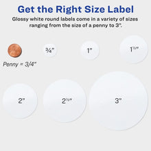Load image into Gallery viewer, Avery® Glossy White Round Labels with Sure Feed™, 2-1/2&quot; Diameter, 90 Labels, Permanent Adhesive (22830)