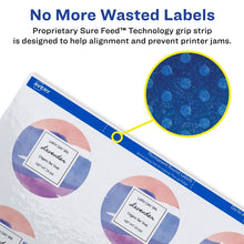Load image into Gallery viewer, Avery® Glossy White Round Labels with Sure Feed™, 2-1/2&quot; Diameter, 90 Labels, Permanent Adhesive (22830)