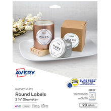 Load image into Gallery viewer, Avery® Glossy White Round Labels with Sure Feed™, 2-1/2&quot; Diameter, 90 Labels, Permanent Adhesive (22830)