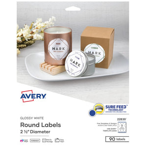 Avery® Glossy White Round Labels with Sure Feed™, 2-1/2" Diameter, 90 Labels, Permanent Adhesive (22830)