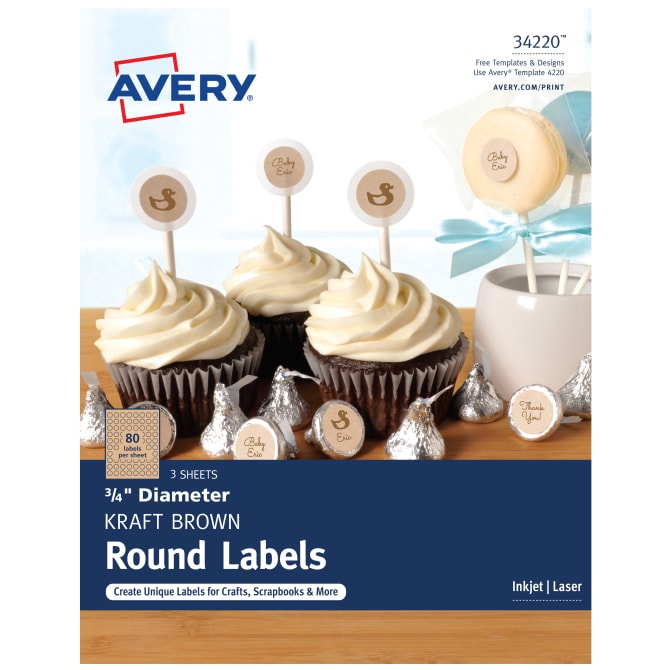 Avery® Round Labels, Print to the Edge, Kraft Brown, ¾” Diameter, Pack of 240 (34220)