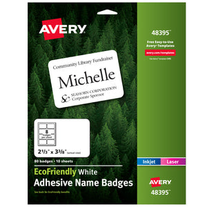 Avery® EcoFriendly Adhesive Name Badges, 2-1/3" x 3-3/8", 80 Badges (48395)