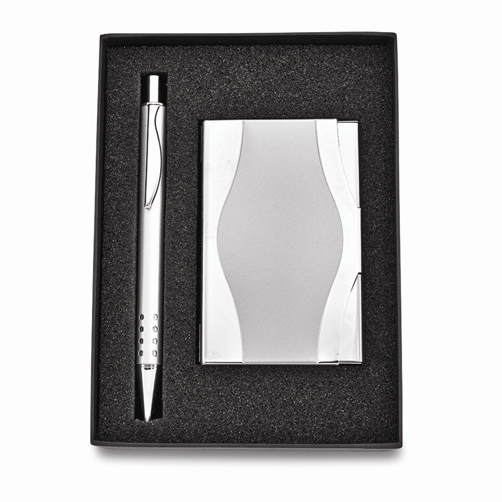 2 PCs. Set Silver Card Case with Pen Set in Gift Box