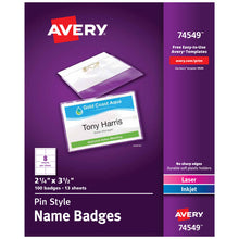 Load image into Gallery viewer, Avery® Top-Loading Pin-Style Name Badges, 2-1/4&quot; x 3-1/2&quot;, 100 Badges (74549)