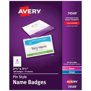 Avery® Top-Loading Pin-Style Name Badges, 2-1/4" x 3-1/2", 100 Badges (74549)