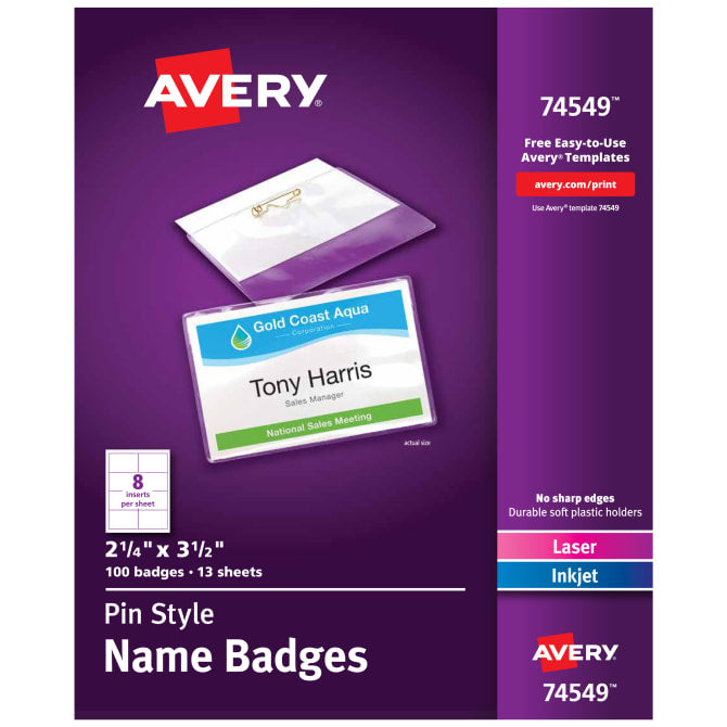 Avery® Top-Loading Pin-Style Name Badges, 2-1/4