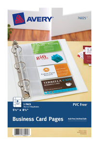 Avery® Clear Business Card Pages for Mini Binders, 5-1/2” x 8-1/2”, Holds 8 Cards Each, Pack of 5 (76025)