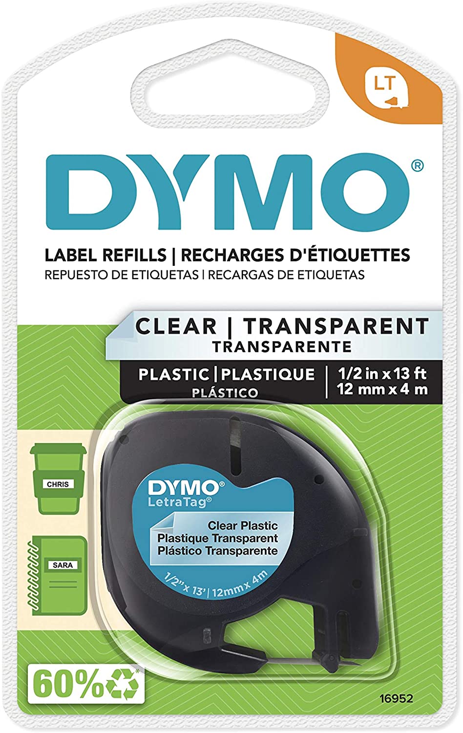 DYMO Authentic LetraTag Labeling Tape for LetraTag Label Makers, Clear  1/2'' W x 13' L, 1 roll (16952)