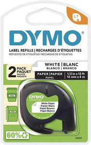 DYMO LetraTag Labeling Tape for LetraTag Label Makers, Black Print on White Paper Tape, 1/2'' W x 13' L, 2 Rolls (10697)