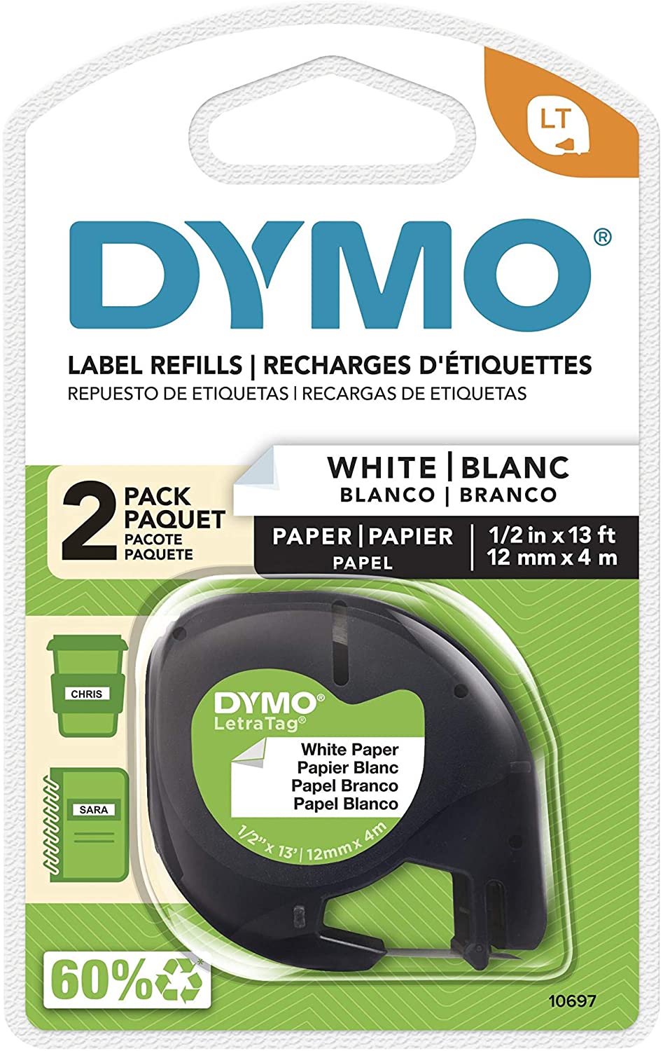 DYMO LetraTag Labeling Tape for LetraTag Label Makers, Black Print on White Paper Tape, 1/2'' W x 13' L, 2 Rolls (10697)