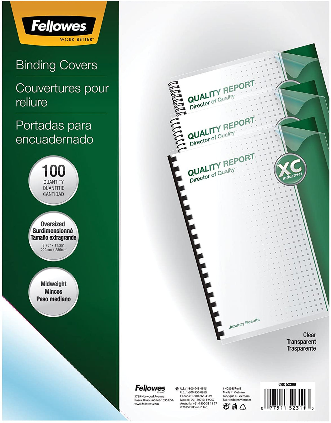 Fellowes Transparent PVC Binding Covers, Oversize, 100 Pack