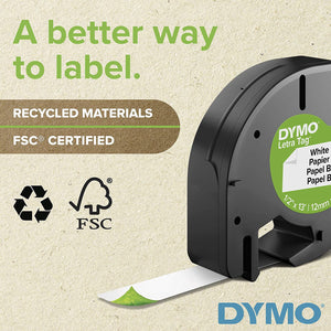 DYMO LetraTag Labeling Tape for LetraTag Label Makers, Black Print on White Paper Tape, 1/2'' W x 13' L, 2 Rolls (10697)