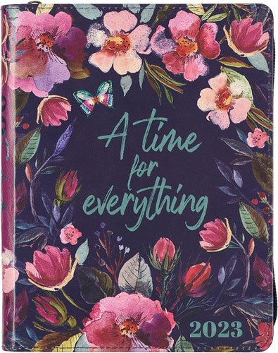 2023 Time For Everything Full-color Large Zippered Pink Floral Faux Leather 12-Month Planner for Women