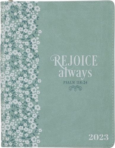 2023 Rejoice Always Large Zippered Drizzly Blue Faux Leather 18-Month Planner for Women - Psalm 118:24