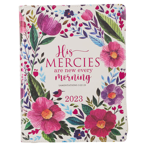 2023 New Mercies Every Morning Large Zippered Floral Faux Leather 18-Month Planner for Women - Lamentations 3:22-23