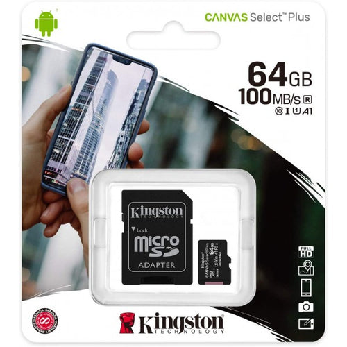 Kingston Canvas Select Plus microSD Card SDCS2/64 GB Class 10 (SD Adapter Included)