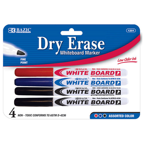 MARKER - DRY ERASE BAZIC ASST COLOR FINE TIP 4PK
