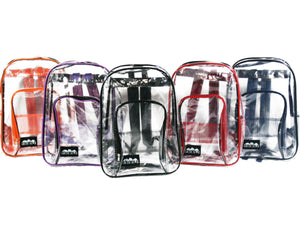 BACKPACK 17" CLEAR VINYL COLOR PIPING PADDED STRAPS FRONT POCKET ORGANIZER